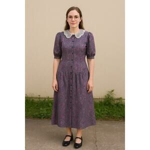 Vintage Gunne Sax Purple Paisley Puff Sleeve Crochet Cottage Maxi Dress Size 13